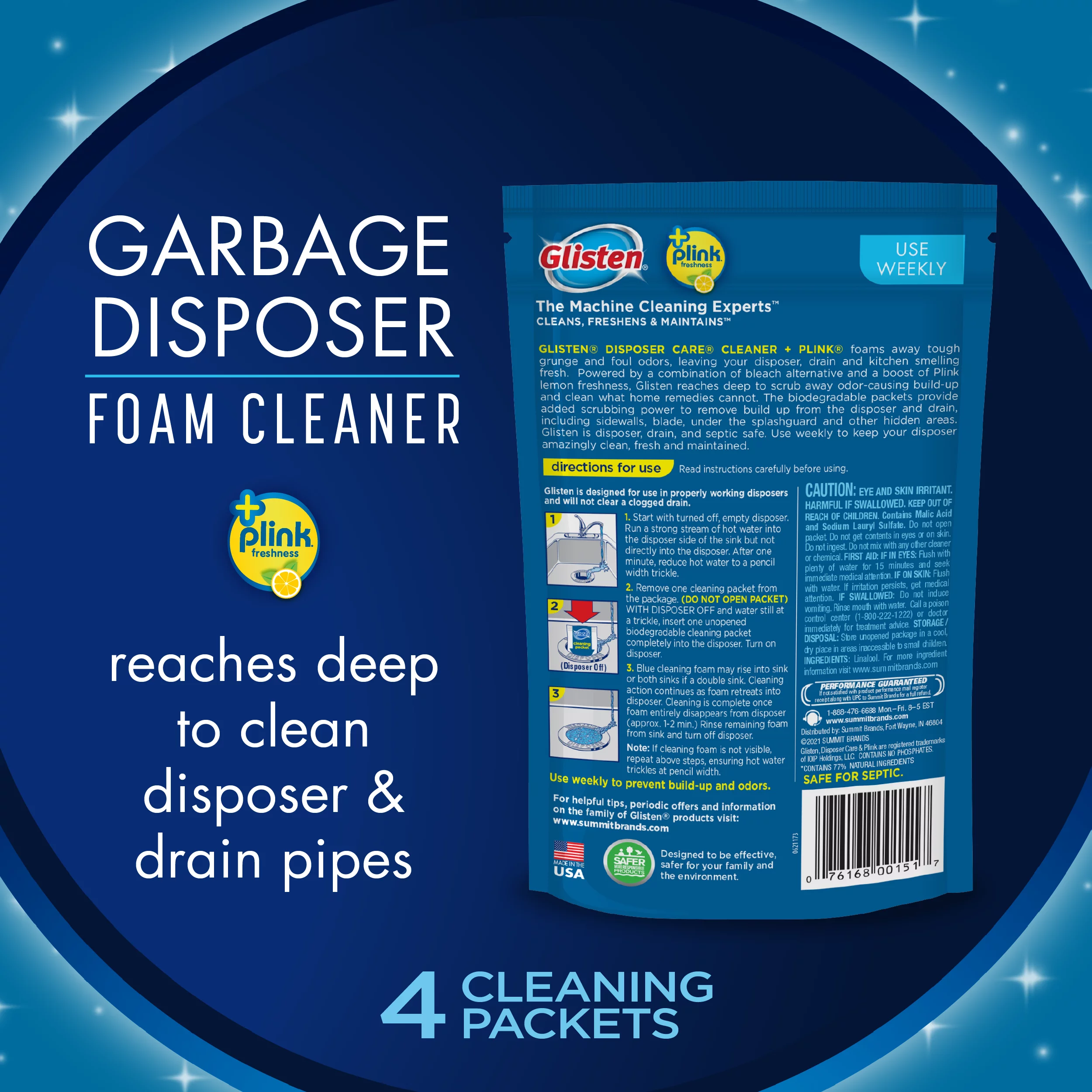 Glisten Garbage Disposer Cleaner and Freshener, Sink Disposal Odor Eliminator with Foaming Action, Deep Cleans and Helps Remove Build-Up in Drain Pipes, Septic-Friendly, Lemon Scent, 6-Pack (24 uses)