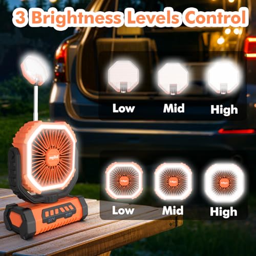 Camping Fan with Led Lantern, 20000mah Rechargeable Battery Portable Fan, 4 Speed with Remote, Auto Oscillation, 360° Rotation Hook, for Camping, Power Outage,Hurricane, Home (Orange)