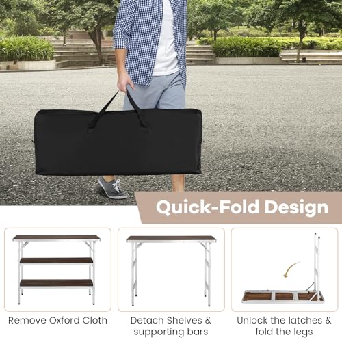 COSTWAY Portable Bar Table for Events, Foldable Pop-Up Bar with Carrying Bag, Collapsible Checkout Counter, 43.5” x 15” x 34.5” Mobile Bartending Station for Party, Craft Fair (2, Brown)