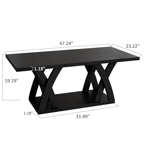 Farmhouse Coffee Table with Shelf, Wood Coffee Table for Living Room, Open Display Area,47” Dark Brown