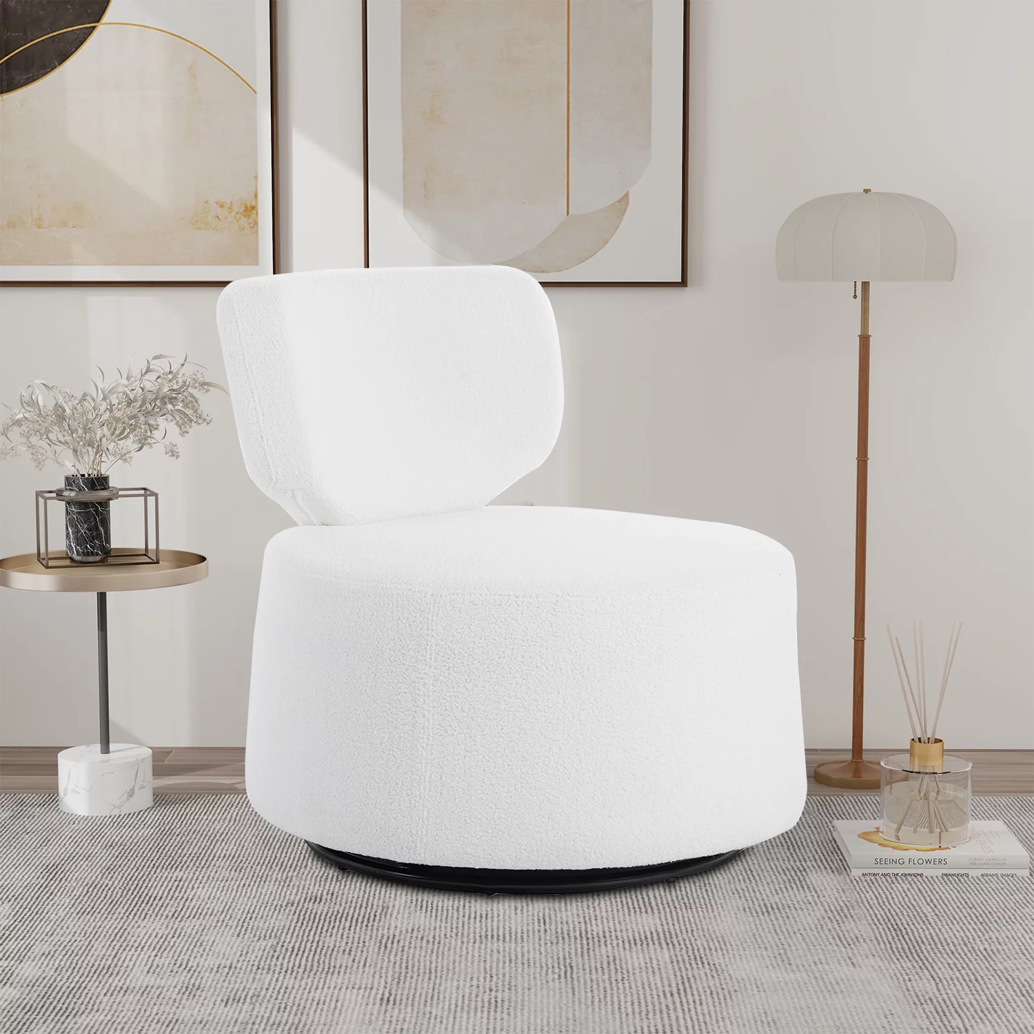 Comfortable and Casual Round Plush Cover Upholstered Low Swivel Chair, White