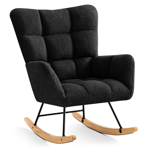 Furniliving Rocking Chair, Faux Fur Upholstered Glider Rocker, Padded Cushioned Seat Rocking Accent Chair with High Backrest, Comfy Reading Chair for Nursery, Living Room, Bedroom(Pink)