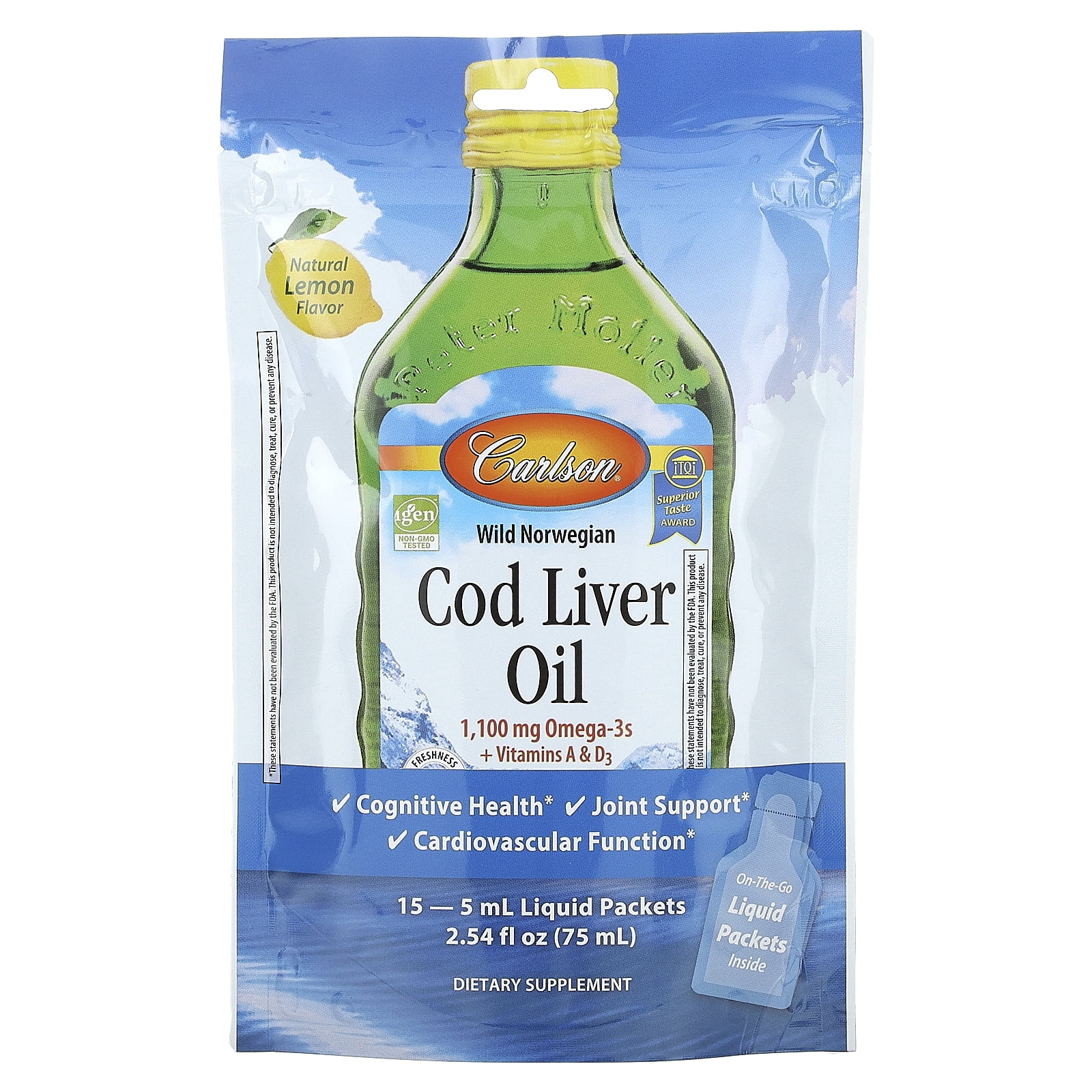 Carlson Wild Norwegian Cod Liver Oil, Natural Lemon, 15 Liquid Packets, 0.17 fl oz (5 ml) Each