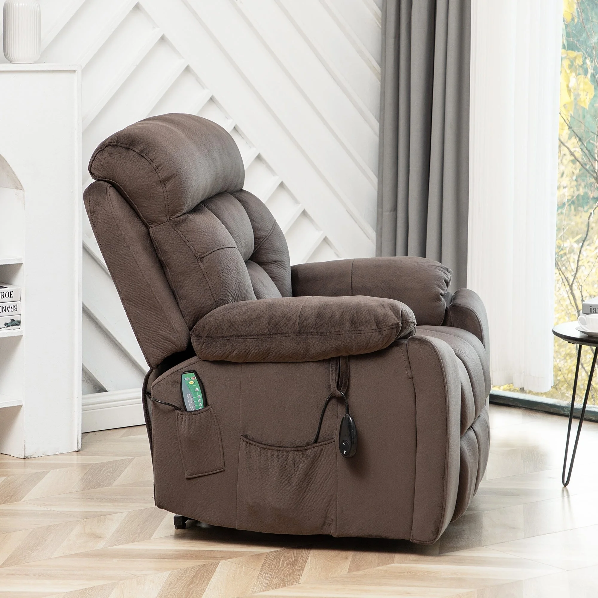 Big and Tall Velvet Power Lift Massage Recliner Chair, Hidden Cup Holders Coffee