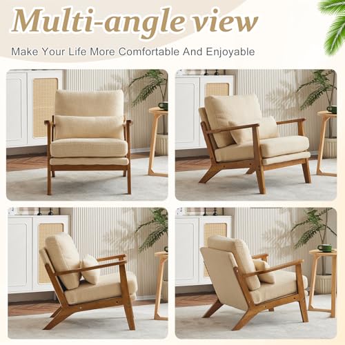 VINGLI Solid Wood Wide Armrests Accent Chair,Upholstered Mid Century Modern Chair with Pillow,Comfy Reading Chair Farmhouse Arm Chair,Chairs Living Room,Bedroom,Guest Room,Linen Fabric,Beige