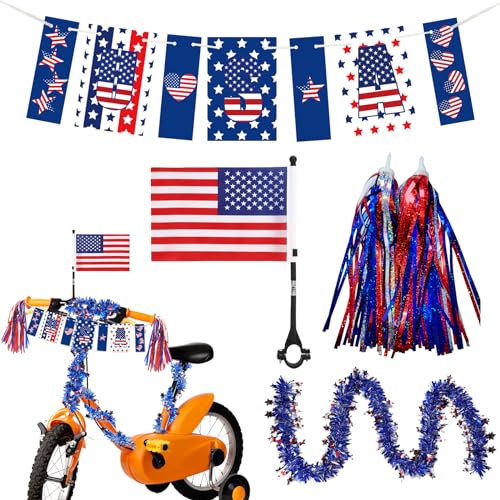 4th of July Bike Decorations American Flag and Patriotic Bike Ribbon Streamers Bike Accessories for Kids July 4 Independence Day Parade Tinsel Garland Decoration and Banner