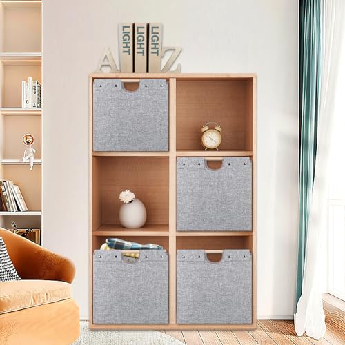 13x13x13 Inches Collapsible Storage Cubes, 4 Pack Fabric Bins with Wooden Handles for Kallax Shelves, Closet, Cabinet, Bookcase, Home Organizer Boxes for Decor and Laundry (Beige)