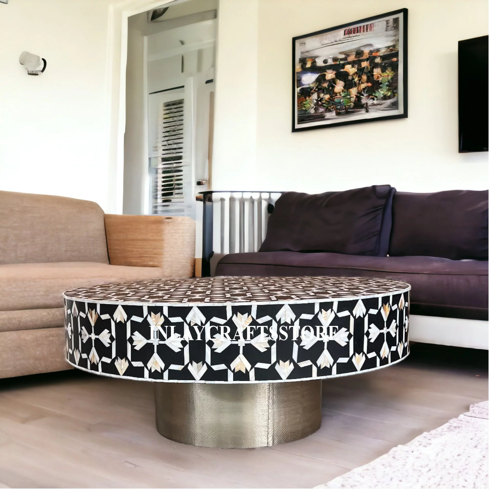 LAKECITY ARTS Mother of Pearl Lotus Design Coffee Table Black, Mother of Pearl Lotus Design Center Table Black, Mother of Pearl Round Coffee Table