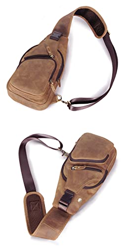 Le'aokuu Men Fashion Casual Tea Designer Travel Hiking Crossbody Chest Sling Bag Rig One Shoulder Strap Bag Men Leather 8015