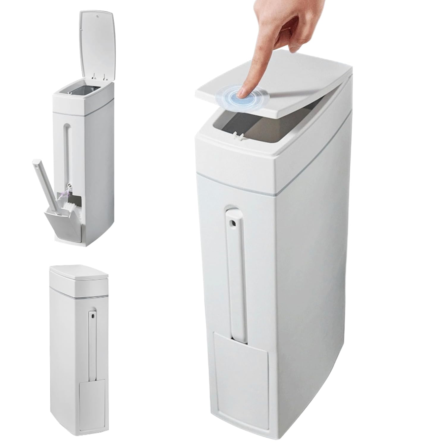 Bathroom Trash Can Set 16.5x8x4.3in 1.2-Gallon Slim Bathroom Bin with Toilet Brush Holder Press-Opening White Rectangular Toilet Trash Can Slim Trash Can with Lid Rubbish Bin Waste Paper Bin