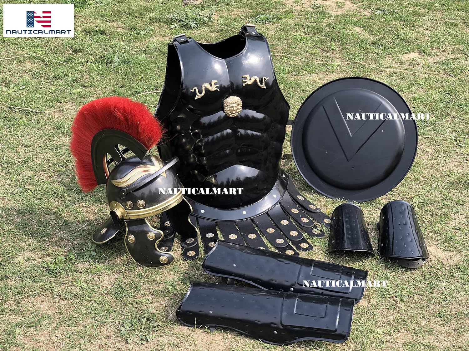 Nautical-Mart Medieval Muscle Body Armor Set Roman Centurion Helmet, Leg & Arm Guard, Shield Halloween Costume Black