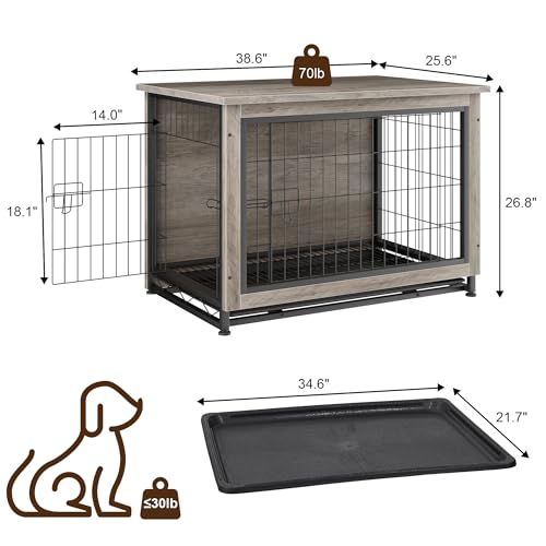 JY QAQA Wooden Crate Furniture, Double-Doors Indoor Kennel Table, Dog House, Cage/Grey/M