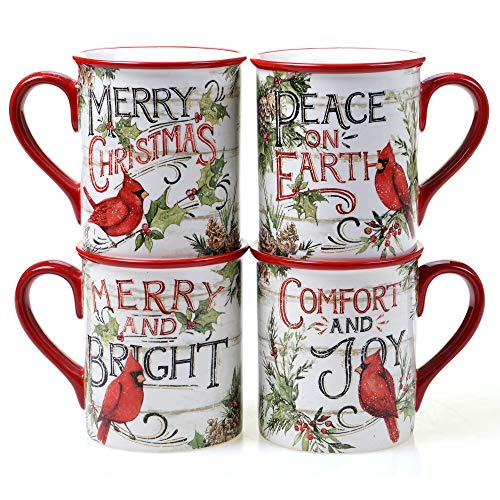 Evergreen Christmas 16 oz Ceramic Mugs – Set of 4 – Holiday Cardinal Design with Festive Sayings – Durable Stoneware Drinkware for Hot Cocoa, Coffee, Tea & Winter Gifting
