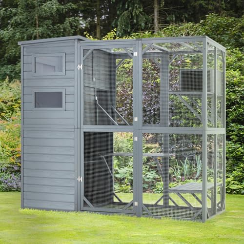 Mdeam Large Catio Outdoor Cat Enclosure, 4 Tiers Indoor Cat House for Multiple Cats with Weatherproof Roof, 4 Resting Rooms, 4 Platforms, 5 Windows, 70