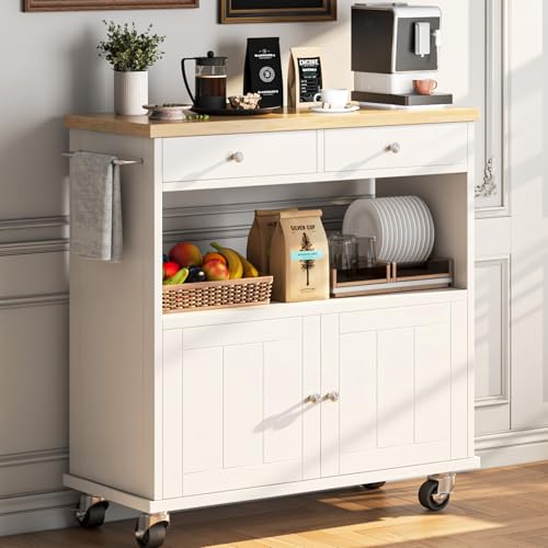 Rolling Kitchen Island with Storage Cabinet, 35.4'' Width Kitchen Cart, 2 Drawers Island Table, Portable Mobile Kitchen Island with Towel Rack, Wood Top and Lockable Wheels, Black