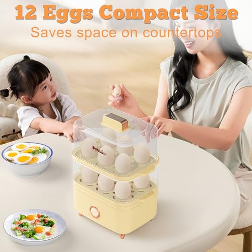 Rapid Egg Cooker, 12 Egg Capacity Electric Egg Cooker for Hard Boiled Eggs, Soft, Medium, Poached Eggs, Food & Vegetable Steamer for Breakfast, Over-Heat Protect, One-Touch Button, BPA Free
