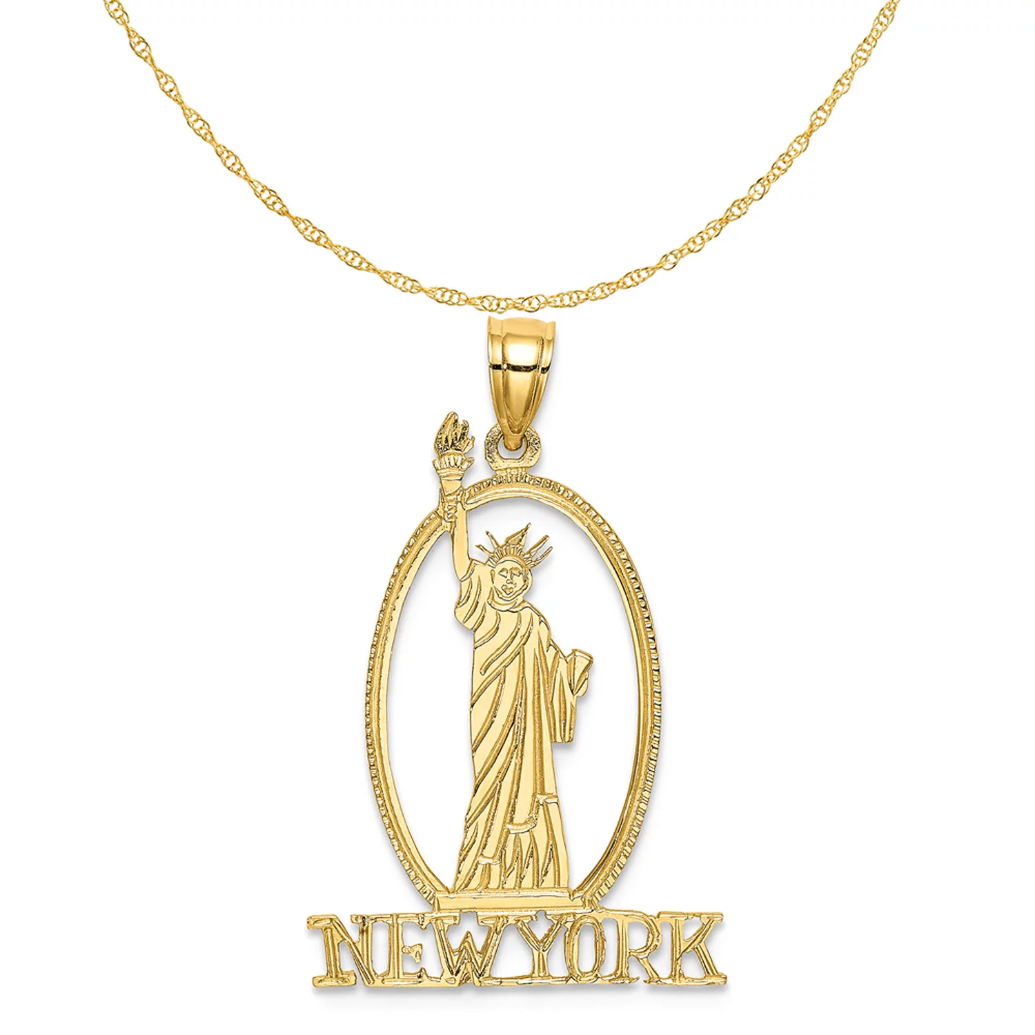 Carat in Karats 14K Yellow Gold Cut-Out New York With Statue Of Liberty Pendant Charm (25.6mm x 18.4mm) With 10K Yellow Gold Lightweight Rope Chain Necklace 18''