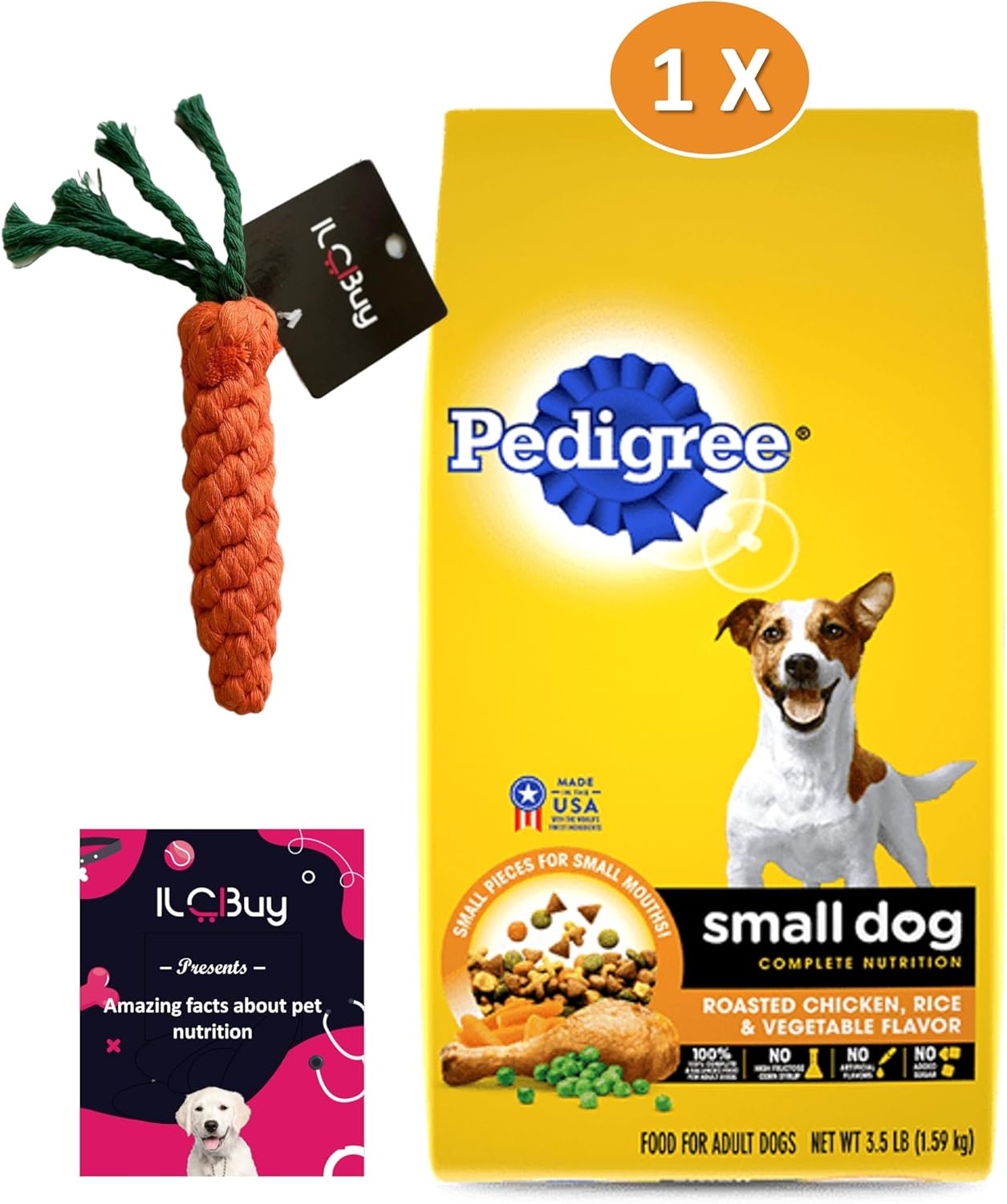 Pedigree Small Dog Dry Food Bundle | Includes 1 Bag of Pedigree Dry Adult Small Breed Chicken, Rice & Vegetables Flavor (3.5 LB)| Plus Carrot Dog Toy and a Booklet.