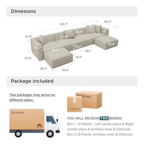 Acanva Luxury Modular Sectional Living Room Sofa Set, Modern Minimalist Style Couch with Ottoman and Chaise, L-Shape, Linen-Like Cream