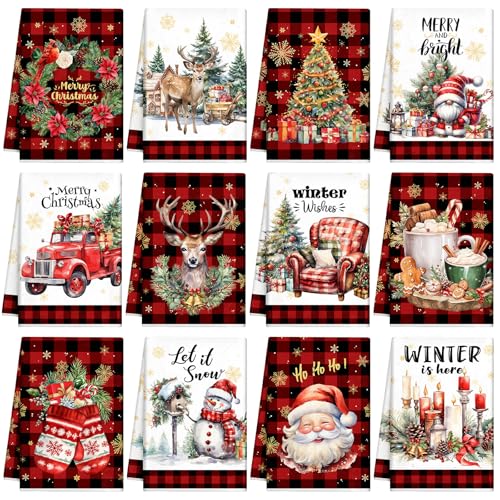 VitalCozy 12 Pcs Christmas Kitchen Towels and Dishcloths Retro Christmas Tree Reindeer Santa Claus Cardinal Snowman Hand Tea Towels Decor for Xmas Home Housewarming Gift Supplies, 14.2 x 21.3 Inch
