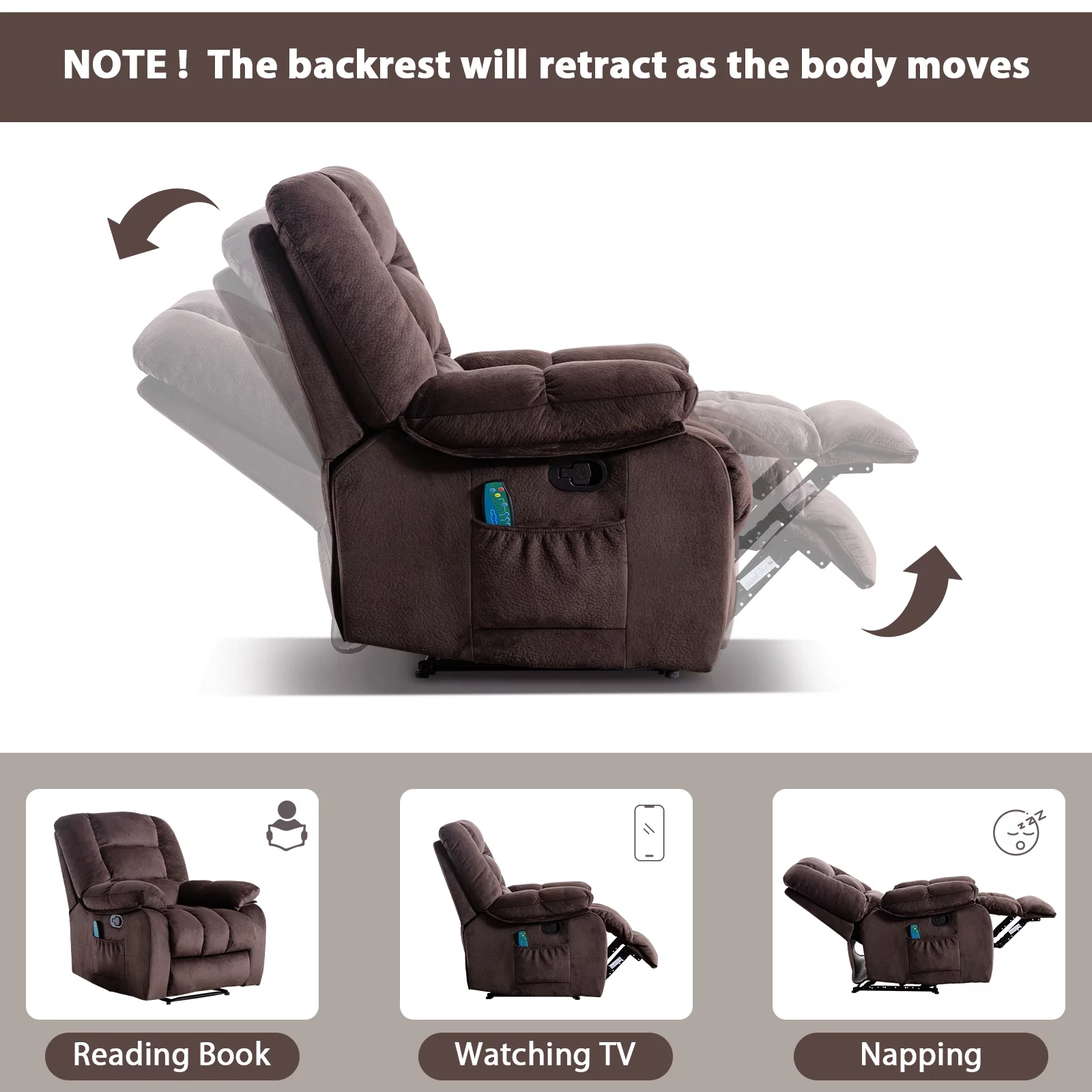 Bonzy Home Recliner Chairs with Massage and Heat Overstuffed Fabric Metal frame Manual Pull Reclining for Living Room, Brwon