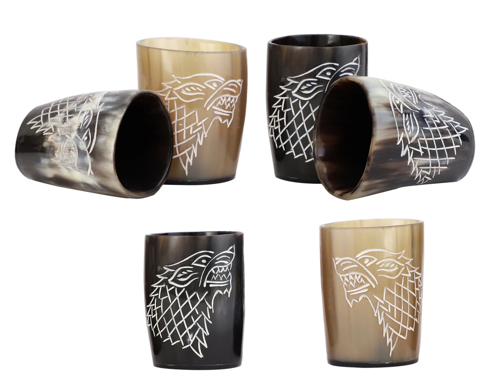 Viking Drinking Horn Cups Gift Whiskey Shot Cup Glass For Wine, Mead, Ale, Beer Ceramic Medieval Inspired Food Safe Vessel | Game of thrones Dire Wolf | 3'' Pack Of 6)