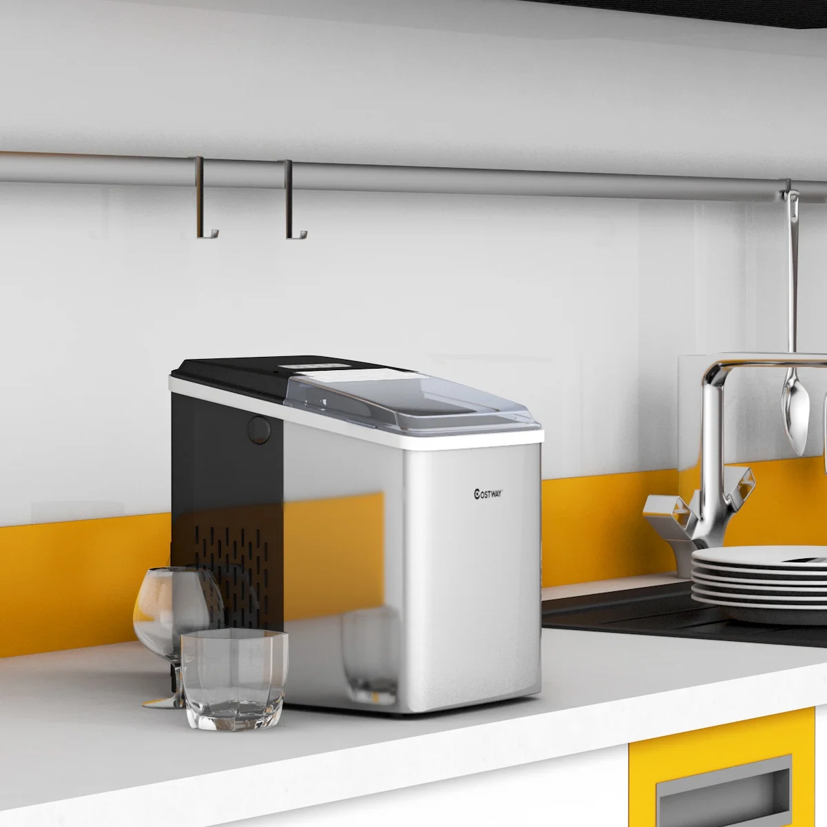 Costway Stainless Steel Ice Maker Countertop 26Lbs/24H Self-Clean Function W/Scoop New