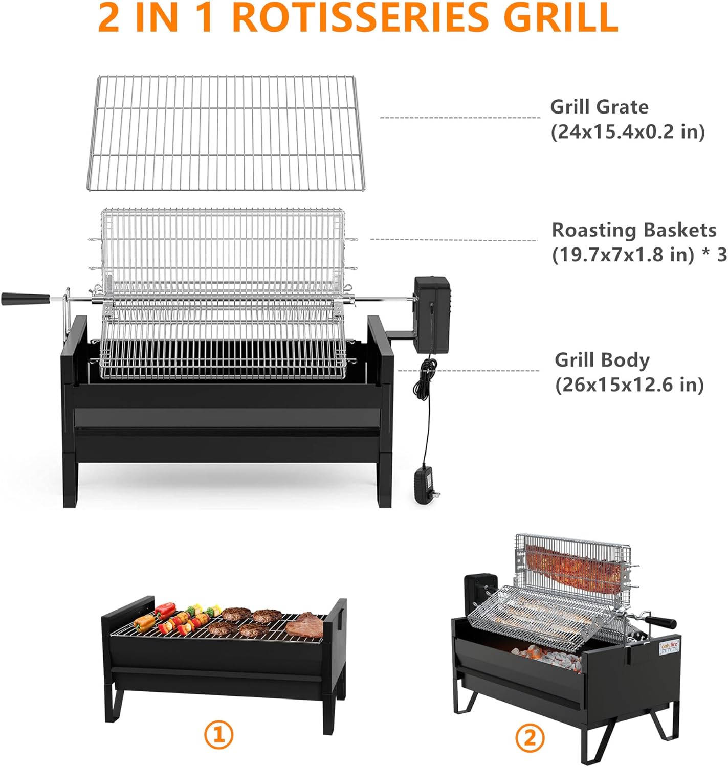 Onlyfire 2 IN 1 Charcoal Grill Rotisserie Kit with 3 Stainless Steel Rotating Baskets and 24 In Grill Grate, Auto Swivel BBQ Roasting Machine for Outdoor Patio Backyard, Multi-functional Camping Grill