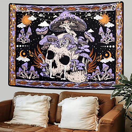 Uspring Mushroom Skull Wall Tapestry - Trippy Skeleton Design with Leaves, Purple, Large (70.9 x 92.5 inches) for Bedroom or Room Decor