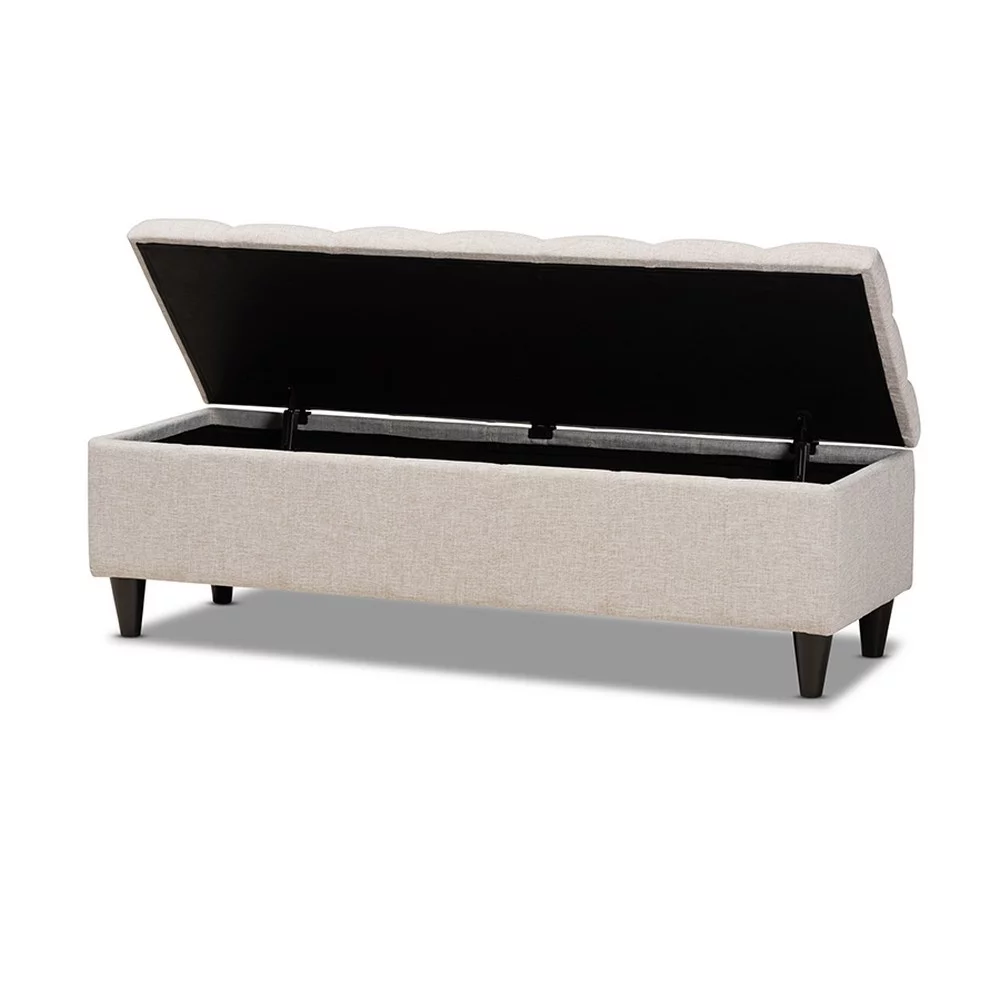 Brette Mid-Century Modern Light Blue Fabric Upholstered Wood Storage Bench Ottoman, Beige, Dark Brown