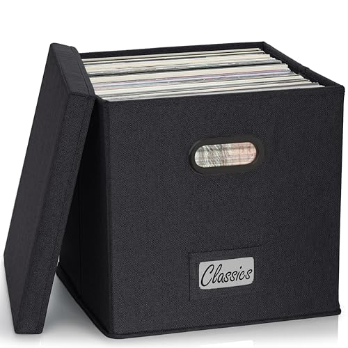 ZICOTO Decorative Vinyl Record Storage Box for 50+ Single Records - Sturdy and Easy to Carry LP Holder with Lid - The Perfect Storage Crate for Your Valuable Album Collection