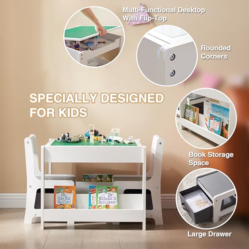 Kids Table and 2 Chair Set, 4 in 1 Construction Play Table with Bookshelves and Storage Drawer, 2 in 1 Detachable Tabletop for Drawing, Reading, Build Blocks (White & Grey)