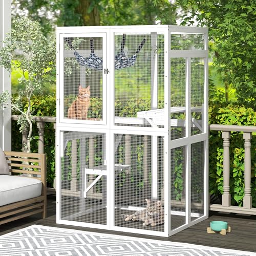 Catio Outdoor Cat Enclosure, Wooden Catio with Window Access for Patio, Indooe Kitty House (Black)