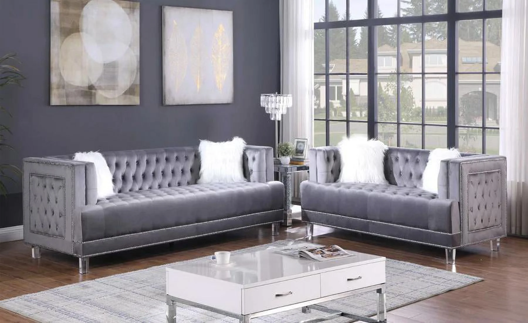 Gray Velvet Fabric Sofa & Loveseat Set 2Pcs Modern McFerran SF2009