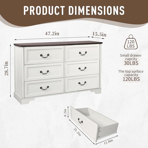 Farmhouse 6 Drawer Dresser, Wood Wide Tall Chest Dresser for Bedroom, Vintage Style Large Storage Dressers Chests of 6 Drawers with Deep Drawers and Metal Handle