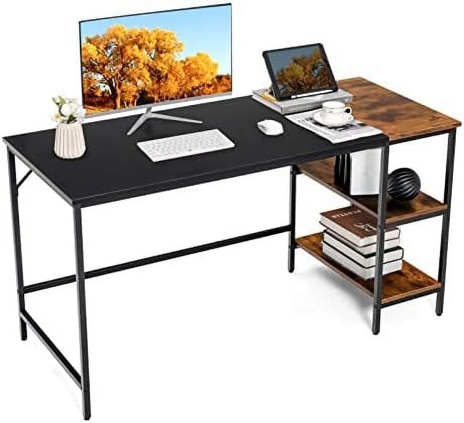 HJZUINIUNIU 55\u201D Computer Desk  Large Home Office Desk with 2-Tier  Shelves  Modern Laptop PC Desk with Heavy-Duty Steel Frame  Multipurpose Writing Desk Study Desk (Rustic Brown)