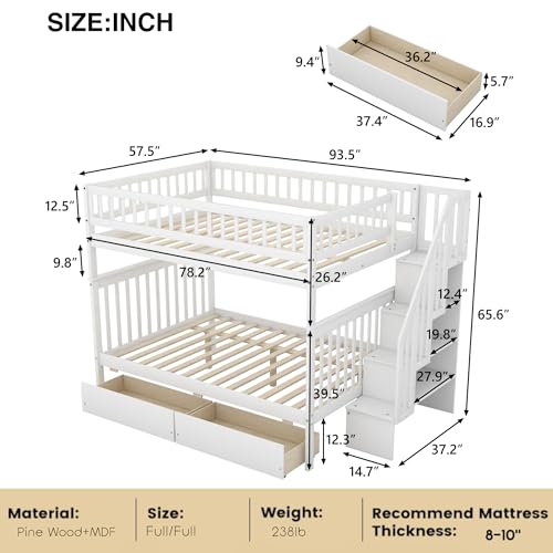 Full Over Full Bunk Beds with Trundle and Stairs Stairway Bunk Bed Frame with Storage Shelves for Kids Teens Adult, Detachable Wood Full Bunk Bed for Boys Girls Adults, White