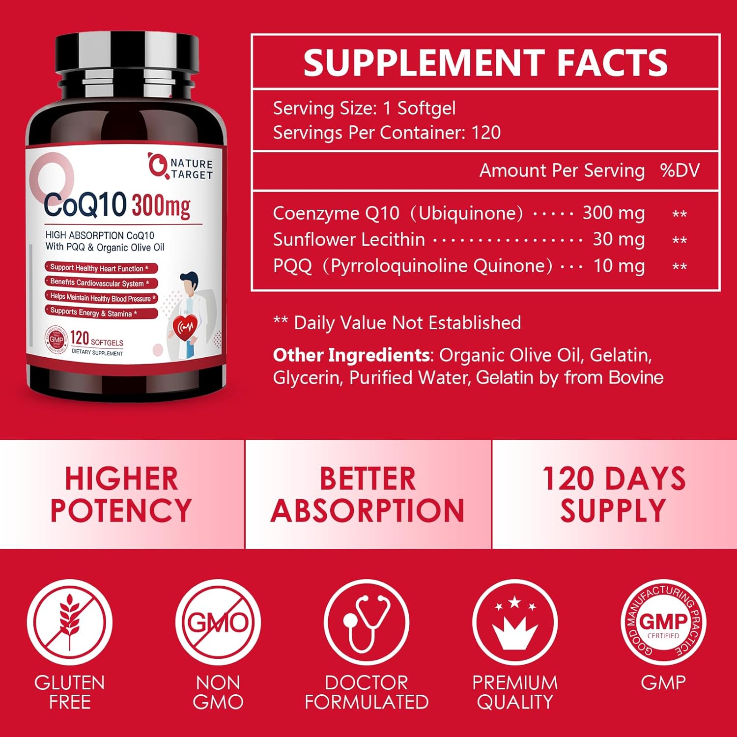 NATURE TARGET CoQ10-300mg-Softgels + PQQ with Organic-Olive-Oil - High Absorption-Coenzyme-Q10 - Antioxidant-for-Heart-Health and Immune Support, Energy Production, 120 Servings