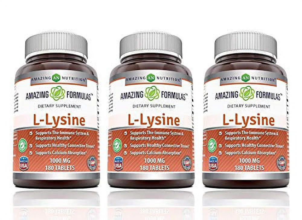 Amazing Formulas L-Lysine - 1000mg Amino Acid Vitamin 180 Vegetarian Tablets - Pack of 3