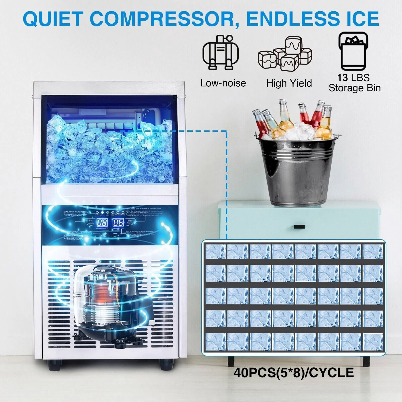 Zomagas Commercial Ice Maker 90lb Stainless Steel Bar Restaurant Built-in Cube Machine