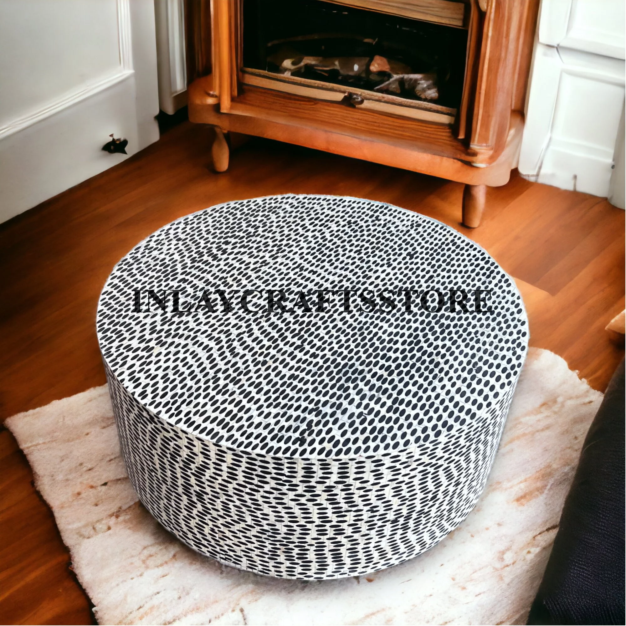 LAKECITY ARTS Bone Inlay Leopard Design Round Coffee Table Black, Bone Inlay Leopard Design Round Center Table Black