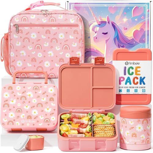 Fimibuke Bento Lunch Box for Kids with Thermos, 3-Compartment 32OZ Snack Lunch Container, Lunch Bag, 12OZ Insulated Food Jar & Ice Pack Set for Age 3-12 School Daycare Toddler Teen Girls Boys, Trucks