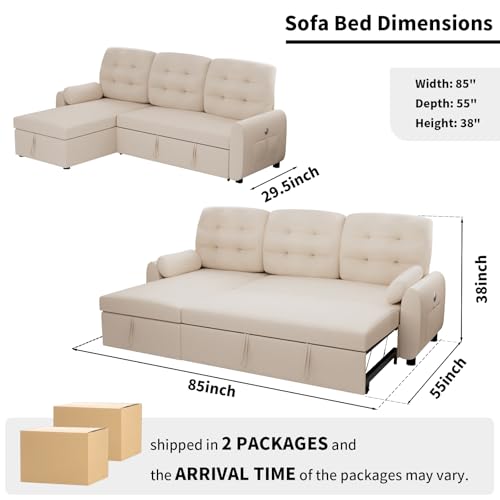 Sleeper Sofa, Sofa Bed with Pullout Bed, 2 in 1 Sleeper Sofa Couch with Reversible Storage Chaise, Charging Station, Sectional Couch for Living Room, Apartment (Black)