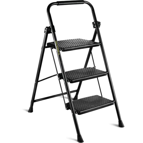 Step Ladder 3 Step Folding Step Stool Step Ladder with Wide Anti-Slip Pedal Step Stool Foldable for Adults Lightweight, Portable Steel Use for Home and Office