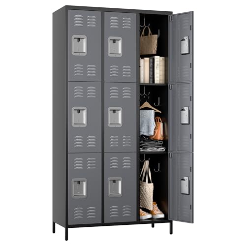 Aobabo Metal Locker with 9 Doors, Tall Steel Storage Lockers for Employees School Home Office, with Hooks, Assembly Required, Black Gray