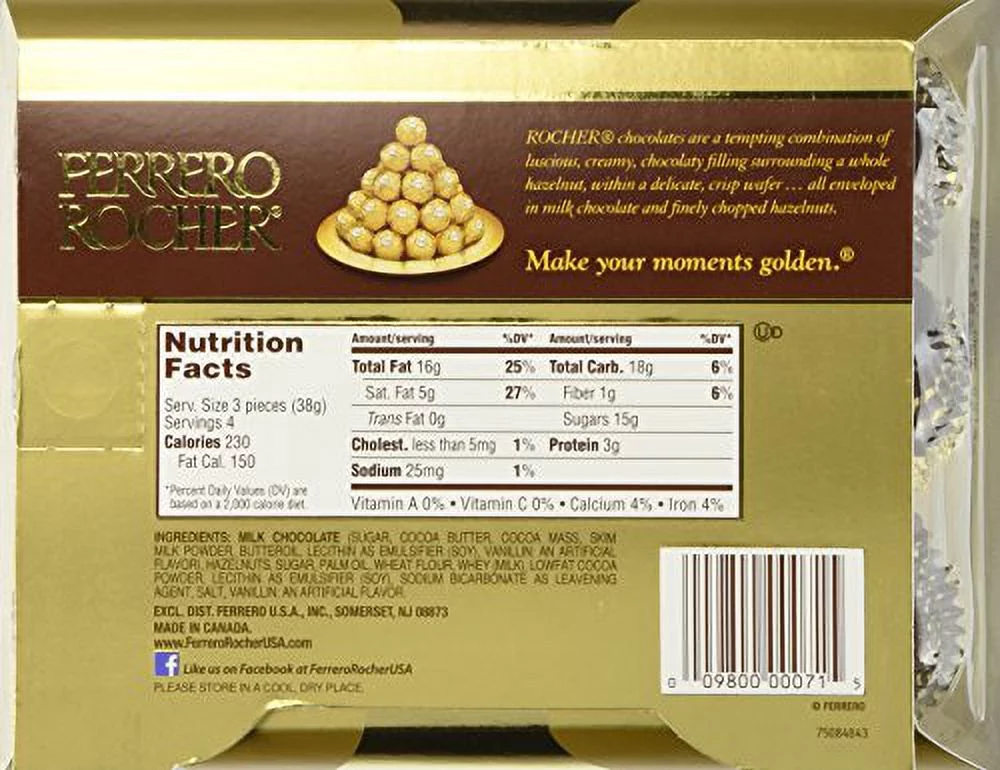 Ferrero Rocher Fine Hazelnut Chocolate 5.3oz (Pack of 4) - 12 pieces each pack