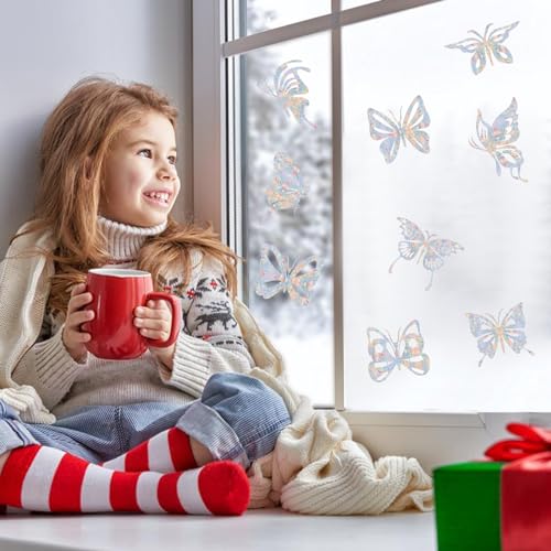 36PCS Snowflake Window Stickers Anti Collision Decals to Save Birds - Non Adhesive Prismatic Vinyl Rainbow Stickers