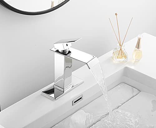 White Gold Faucet Bathroom Vessel Sink Golden Waterfall Spout Faucet Single Handle Bowl Sink Faucet Modern Single Hole Basin Vanity Tall Bathroom Sink Faucet with Pop Up Drain Stopper Supply Hose