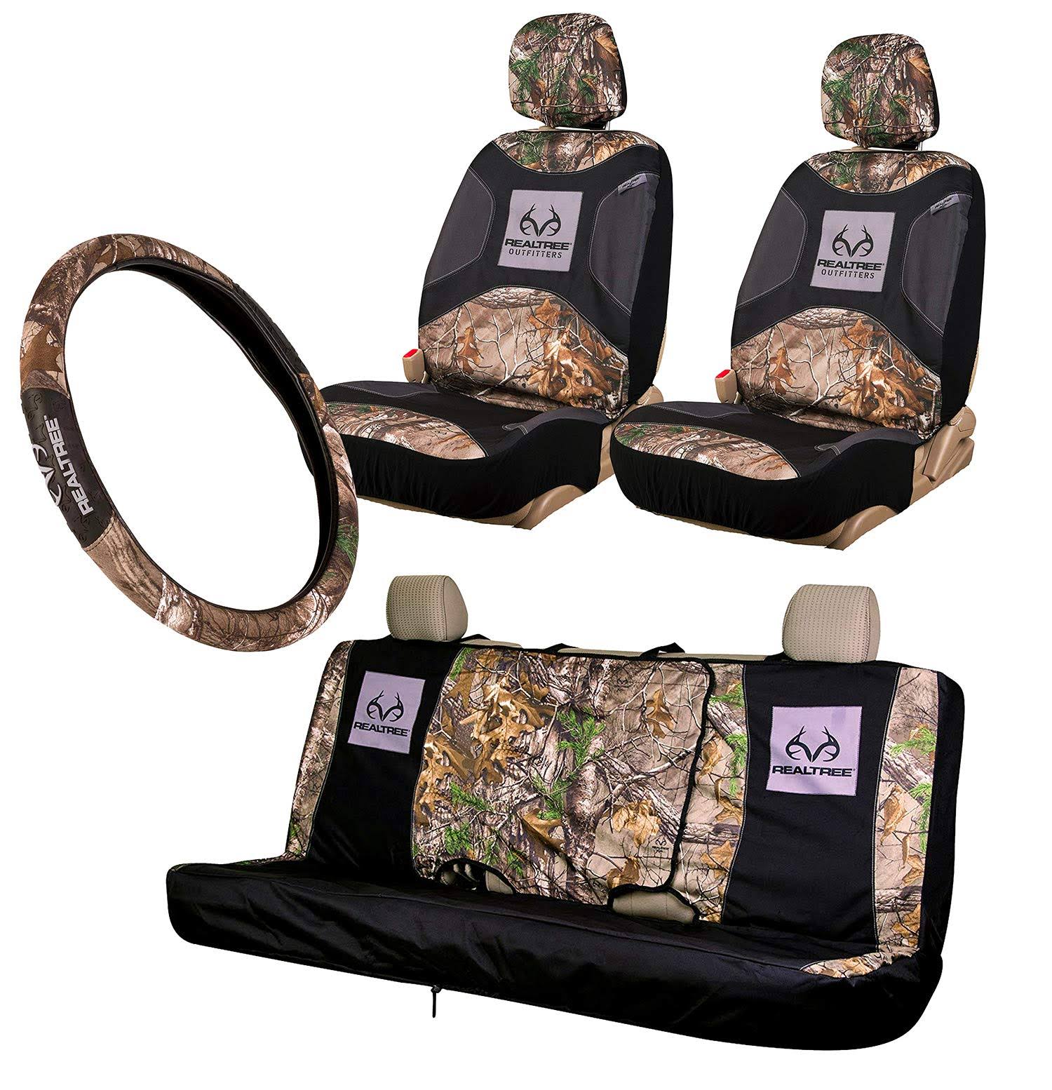 Realtree 4pc Camo Auto Accessories, Timber, Xtra and Mint Camo - Includes 2 Low Back and 1 Bench Camo Seat Covers and 2-Grip Cam