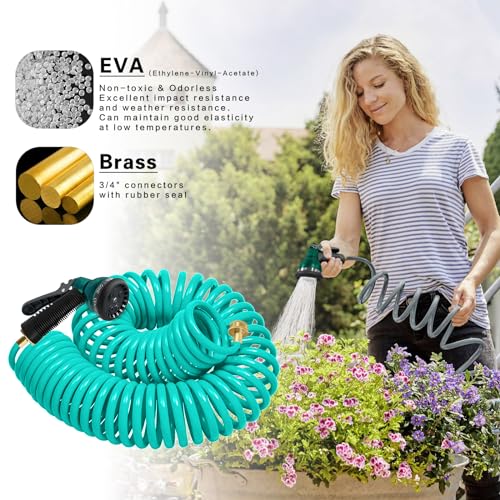 Coil Hose 25FT EVA Coil Garden Hose With 3/4'' Brass Connector Coiled Water Hose Lightweight And No Kink Includes 7 Patterns Spray Nozzle For Outdoors Lawn Watering Car Washing